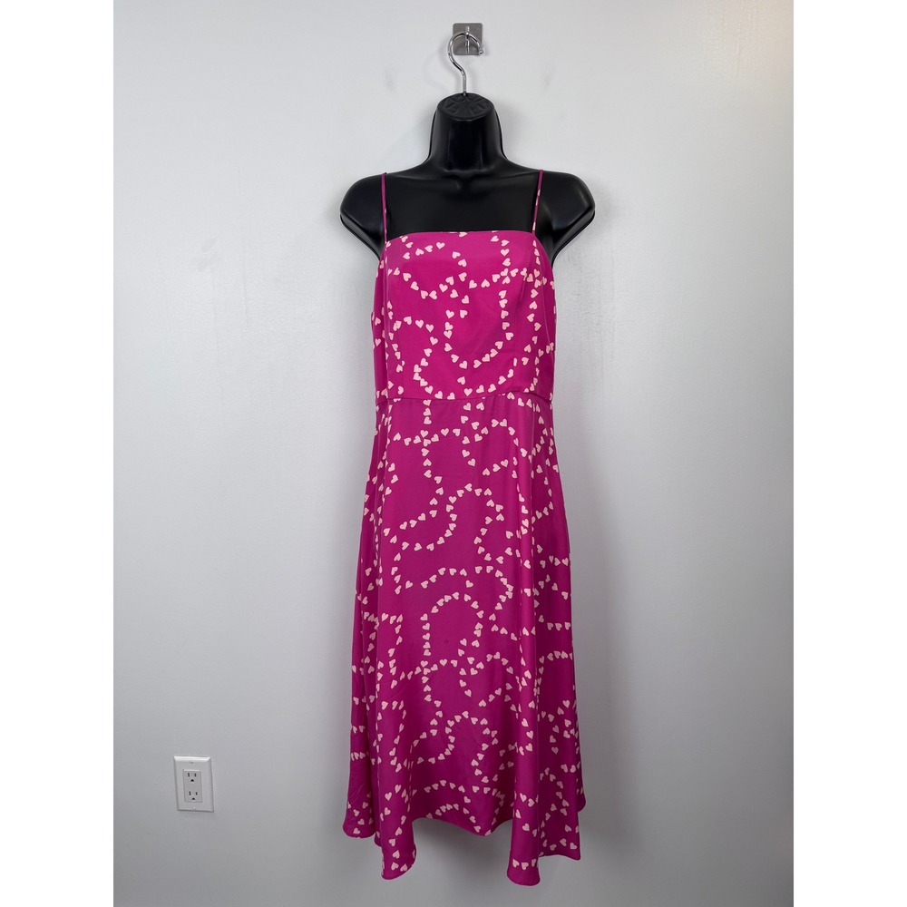 HVN Magenta Pink Heart Print 100% Silk Midi Dress Spaghetti Strap‎ Size 6